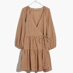 Madewell Gingham Wrap golden Pecan color tiered 3/4 Puff Sleeves Mini Dress XS
